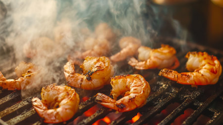 A close-up of succulent grilled shrimp sizzling on a barbecue grill, with smoke rising and the golden color highlighting the delicious charred texture.の素材