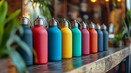 A collection of colorful reusable water bottles lined up on a wooden table, showcasing sustainable choices for hydration and eco-friendly living.の素材