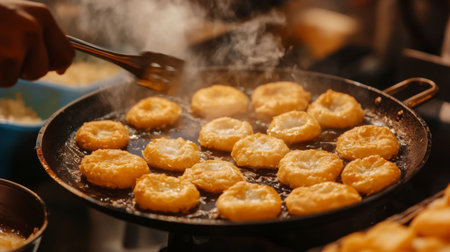 A close-up of khanom krok being served hot from the pan, showcasing its golden-brown crust and creamy coconut filling, highlighting the artistry of Thai street food.の素材
