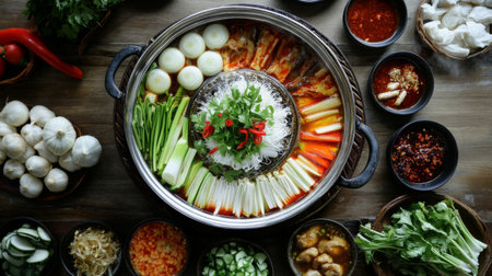 A cozy dinner setting with a hot pot of in the center, surrounded by dipping sauces and fresh vegetables, inviting guests to enjoy a shared meal.の素材
