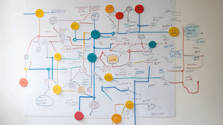 A mind map drawn on a whiteboard, filled with interconnected ideas and keywords, highlighting the organization and development of thoughts visually.の素材