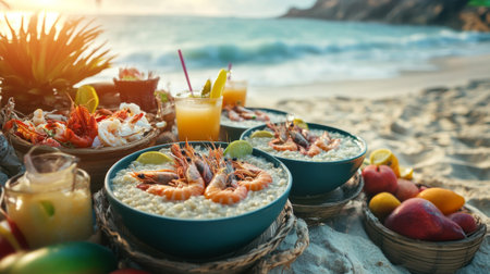 A picturesque beach picnic scene featuring bowls of seafood rice porridge, with tropical fruits and refreshing drinks, inviting guests to enjoy a flavorful meal by the sea.の素材