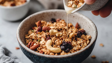 A hand pouring granola made with nuts and seeds into a bowl, illustrating the homemade aspect of healthy breakfasts and snacks.の素材