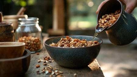 A hand pouring granola made with nuts and seeds into a bowl, illustrating the homemade aspect of healthy breakfasts and snacks.の素材