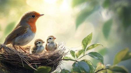 A heartwarming scene of baby birds taking their first steps out of the nest, with the parent bird watching nearby, symbolizing growth and independence.の素材