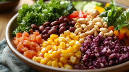 A nutritious grain salad with a variety of beans, nuts, and colorful vegetables, highlighting the beauty and health benefits of plant-based meals.の素材