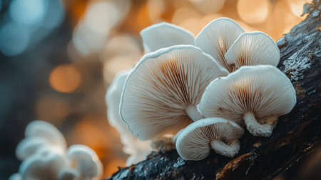 A macro shot of delicate white mushrooms growing on a tree branch, highlighting their intricate textures and the beauty of forest life.の素材