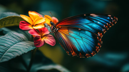 A macro shot of a vibrant butterfly resting on a flower, with its colorful wings spread wide, capturing the beauty of nature and pollination.の素材