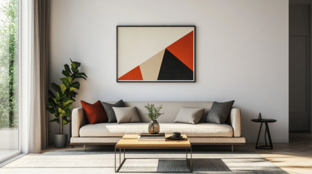 A modern living room with minimalist design, showcasing a sleek couch, geometric art on the walls, and a coffee table with decorative books and a plant.の素材