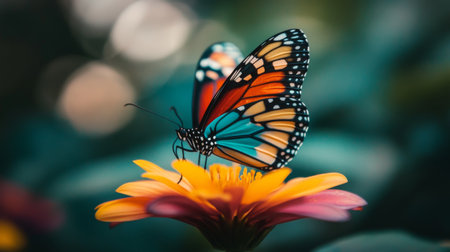 A macro shot of a vibrant butterfly resting on a flower, with its colorful wings spread wide, capturing the beauty of nature and pollination.の素材