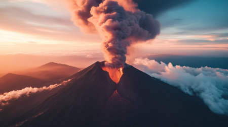 A majestic view of a volcanic mountain against a sunset, with plumes of smoke rising, illustrating the beauty and danger inherent in nature's most powerful phenomena.の素材