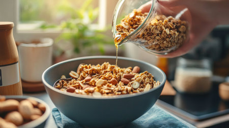 A hand pouring granola made with nuts and seeds into a bowl, illustrating the homemade aspect of healthy breakfasts and snacks.の素材