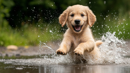 A playful golden retriever puppy splashing in a puddle, capturing the exuberance and carefree spirit of dogs in their element.の素材