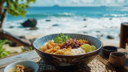 A picturesque beachside dining experience featuring a bowl of with waves in the background, highlighting the perfect blend of flavor and location.の素材
