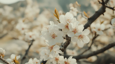 A picturesque scene of an almond tree in full bloom, with delicate white flowers, emphasizing the natural beauty of almond cultivation.の素材