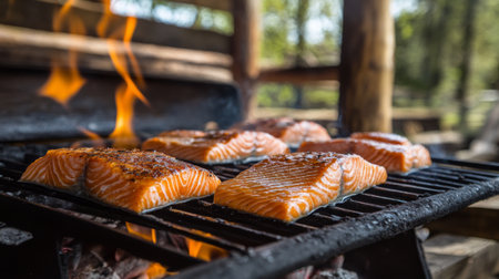 A rustic outdoor grill with fresh salmon fillets sizzling on the flames, capturing the essence of summer barbecues and outdoor cooking experiences.の素材