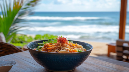A picturesque beachside dining experience featuring a bowl of with waves in the background, highlighting the perfect blend of flavor and location.の素材