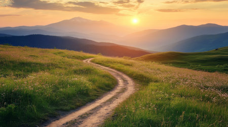 A serene landscape with a winding path leading toward a distant mountain, representing the journey toward achieving personal and professional goals.の素材