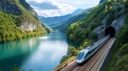 A scenic shot of a high-speed train traveling along a river with a tunnel in the background, showcasing the integration of railways with natural landscapes.の素材