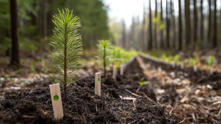 A row of young trees recently planted in a reforestation project, with markers placed next to each sapling, showing the beginning of forest regeneration.の素材