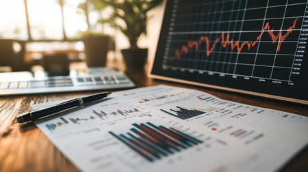 A printed stock chart with rising and falling trends, lying on a desk alongside financial graphs and investment planning materials.の素材