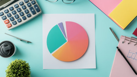 A pie chart on a piece of paper surrounded by office supplies like a calculator, pen, and notes, representing a financial report in progress.の素材