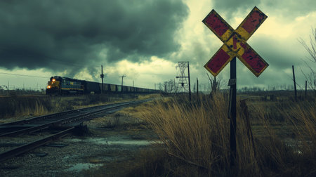 A railway crossing sign with a train approaching in the distance, emphasizing the safety measures and the anticipation of a train's arrival.の素材