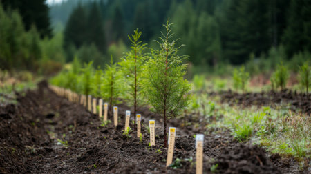 A row of young trees recently planted in a reforestation project, with markers placed next to each sapling, showing the beginning of forest regeneration.の素材