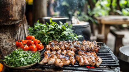 A rustic outdoor grill filled with perfectly cooked surrounded by fresh herbs and spices, inviting guests to enjoy a delicious meal under the stars.の素材