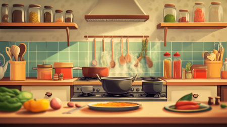 A serene kitchen with spices neatly organized, pots simmering on the stove, and a chef preparing a delicious Indian curry, illustrating the heart of home cooking.の素材