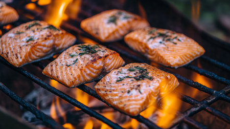 A rustic outdoor grill with fresh salmon fillets sizzling on the flames, capturing the essence of summer barbecues and outdoor cooking experiences.の素材