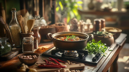 A rustic kitchen scene with a pot of freshly cooked on the stove, surrounded by fresh ingredients and spices, capturing the essence of traditional cooking.の素材