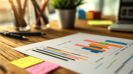 A printed bar chart placed on a wooden desk, surrounded by sticky notes, graphs, and charts, illustrating business growth data.の素材