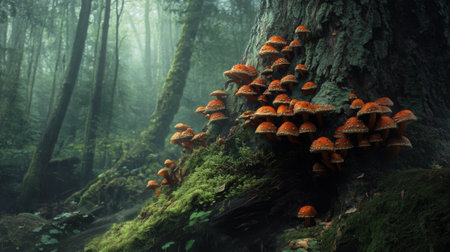 A serene forest scene featuring clusters of mushrooms nestled on the side of a moss-covered tree, highlighting the harmony of fungi in a woodland ecosystemの素材