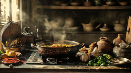 A rustic kitchen scene with a pot of freshly cooked on the stove, surrounded by fresh ingredients and spices, capturing the essence of traditional cooking.の素材