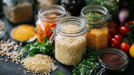 A picturesque scene of grains like quinoa and brown rice in glass jars, surrounded by fresh herbs and vegetables, illustrating a wholesome meal prep.の素材