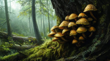 A serene forest scene featuring clusters of mushrooms nestled on the side of a moss-covered tree, highlighting the harmony of fungi in a woodland ecosystemの素材