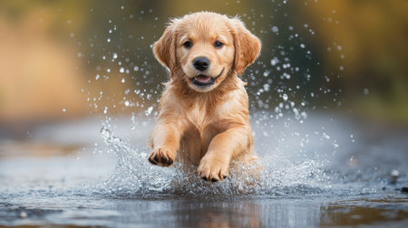 A playful golden retriever puppy splashing in a puddle, capturing the exuberance and carefree spirit of dogs in their element.の素材