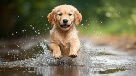 A playful golden retriever puppy splashing in a puddle, capturing the exuberance and carefree spirit of dogs in their element.の素材