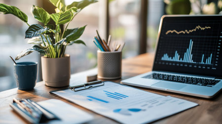 A serene workspace featuring a financial planner's desk with charts, a laptop, and a plant, highlighting the importance of organization in business finance.の素材