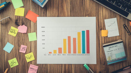 A printed bar chart placed on a wooden desk, surrounded by sticky notes, graphs, and charts, illustrating business growth data.の素材