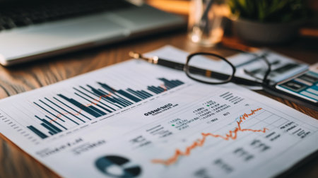 A printed stock chart with rising and falling trends, lying on a desk alongside financial graphs and investment planning materials.の素材