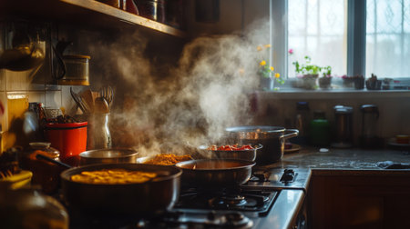 A serene kitchen with spices neatly organized, pots simmering on the stove, and a chef preparing a delicious Indian curry, illustrating the heart of home cooking.の素材