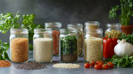 A picturesque scene of grains like quinoa and brown rice in glass jars, surrounded by fresh herbs and vegetables, illustrating a wholesome meal prep.の素材