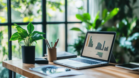 A serene workspace featuring a financial planner's desk with charts, a laptop, and a plant, highlighting the importance of organization in business finance.の素材