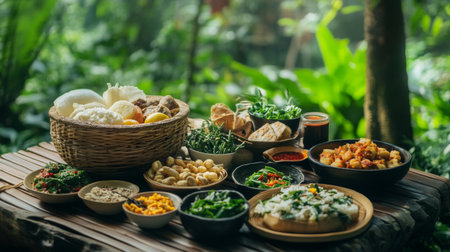 A serene picnic scene with a basket filled with and various side dishes, set against a lush green backdrop, showcasing outdoor dining enjoymentの素材