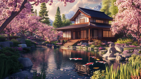 A serene Japanese house surrounded by a beautifully landscaped garden, featuring a koi pond and cherry blossom trees, capturing the essence of traditional Japanese architecture.の素材
