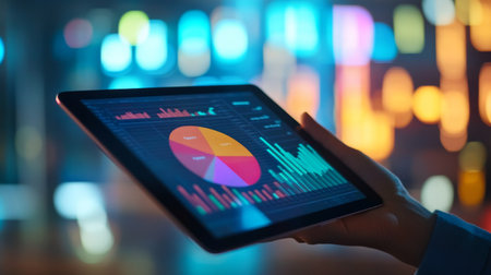 A hand holding a tablet showing a spinning 3D pie chart, with a financial report and market analytics in the background of a modern workspaceの素材