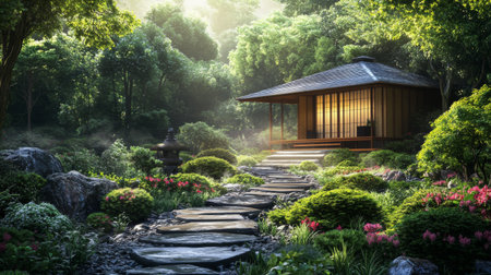 A picturesque scene of a Japanese tea house nestled among lush greenery, with a stone pathway leading to the entrance, embodying peace and harmony with nature.の素材