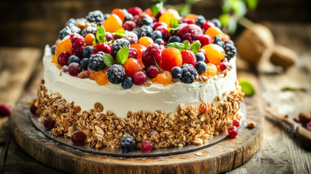 A rustic cake made with natural ingredients, topped with fruits and nuts, placed on a wooden table, emphasizing the farm-to-table trend in baking.の素材